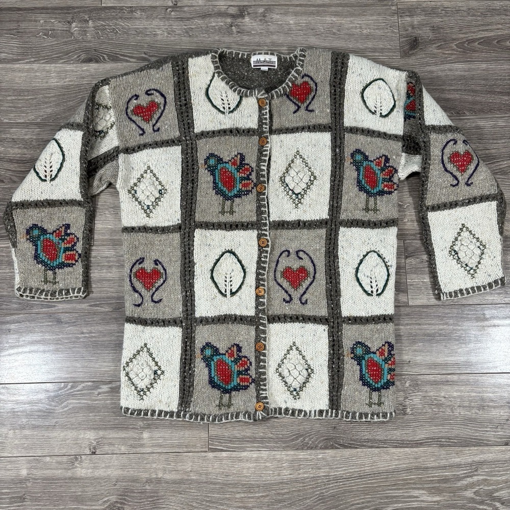VTG Knit Sweater Womens S 90s Bird & Heart Wool Wood Buttons Cottagecore Grandma